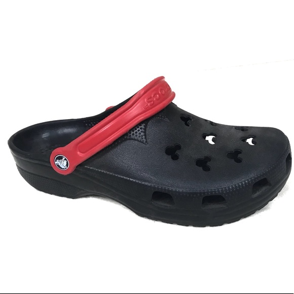 Red and black crocs
